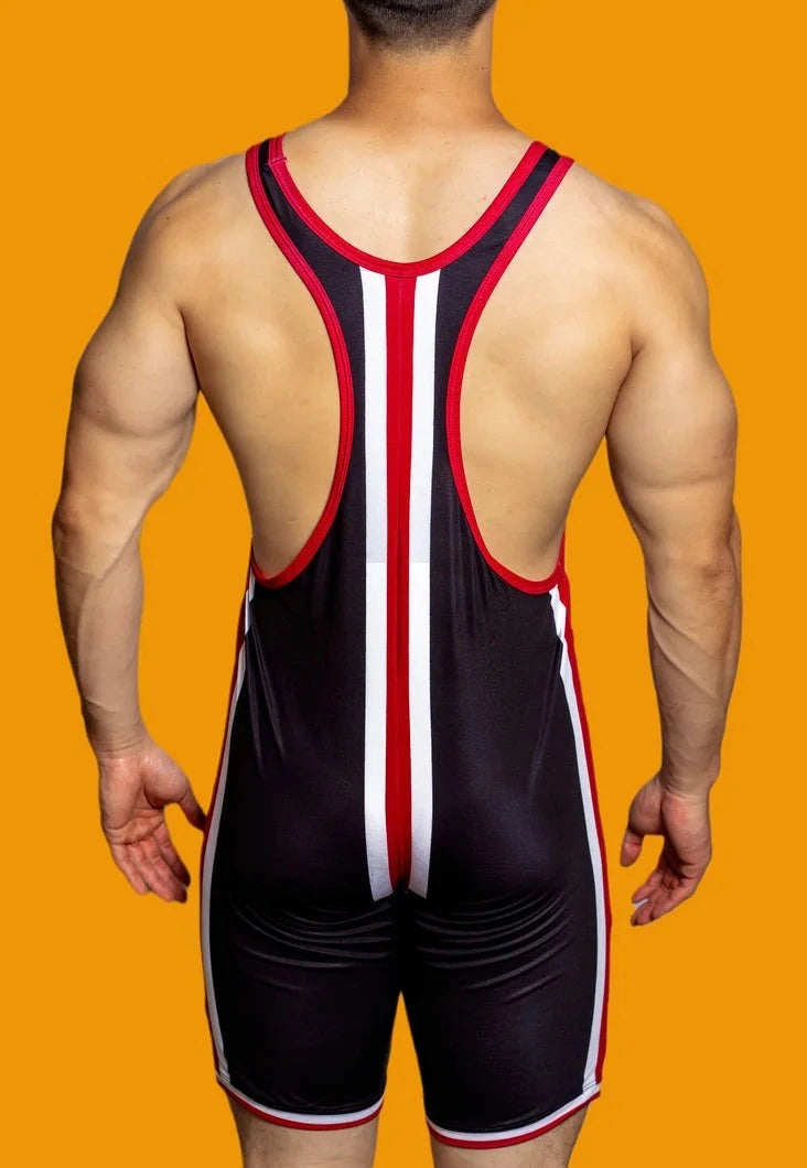 a hot gay man in black DM Striped Wrestling Singlet - Men's Singlets, Bodysuits, Rompers & Jumpsuits - pridevoyageshop.com