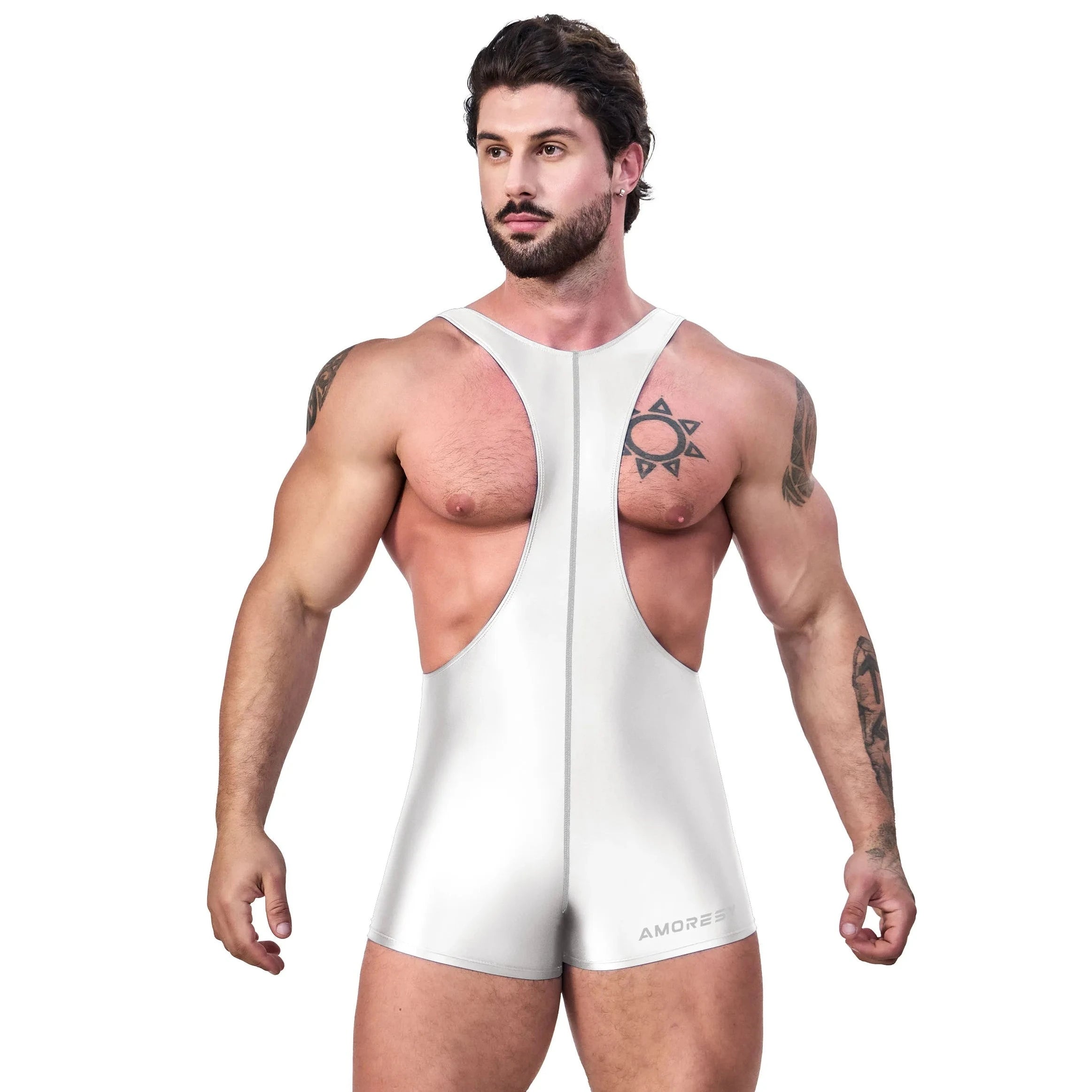 a sexy gay man in white Glossy Bodybuilder Singlets - Men's Singlets, Bodysuits, Rompers & Jumpsuits - pridevoyageshop.com