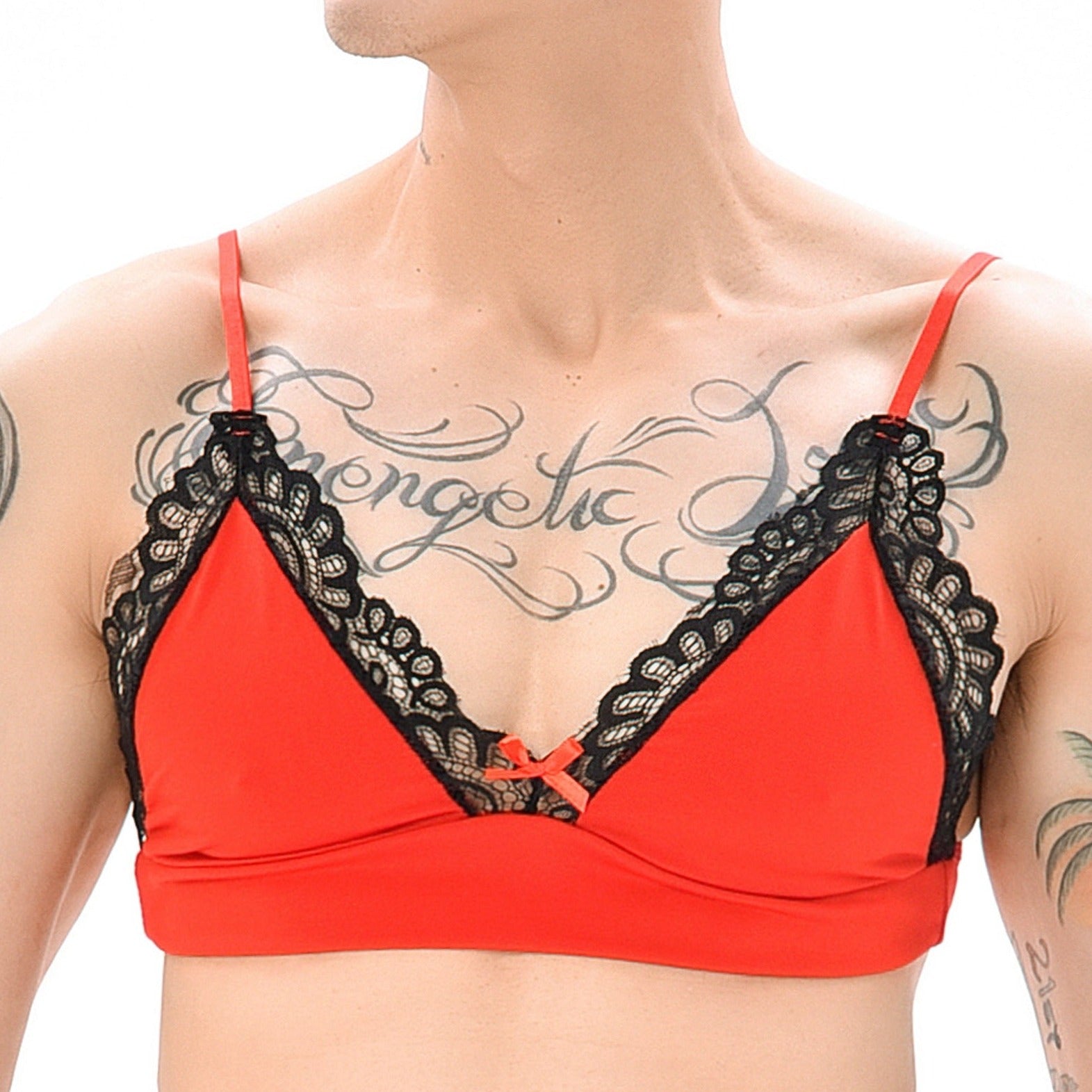 red Sensual Lace Trim Bras: Bralette and Lingerie for Men- pridevoyageshop.com - gay men’s harness, lingerie and fetish wear