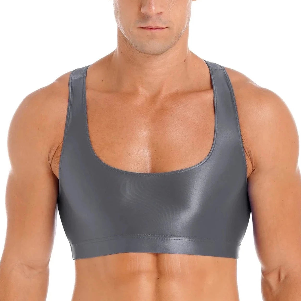 a sexy gay man in gray Men's Glossy Sports Crop Top | Gay Crop Tops & Sports Wear - pridevoyageshop.com - gay crop tops, gay casual clothes and gay clothes store