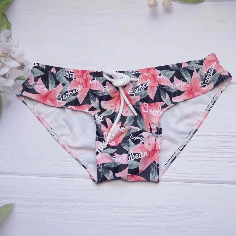details of dark blue Men's Floral Bikini Swim Briefs - pridevoyageshop.com - gay men’s underwear and swimwear