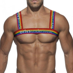 front of rainbow Letter Elastic Chest Harness: Men's Clubwear and Sexy Gay Lingerie- pridevoyageshop.com - gay men’s harness, lingerie and fetish wear