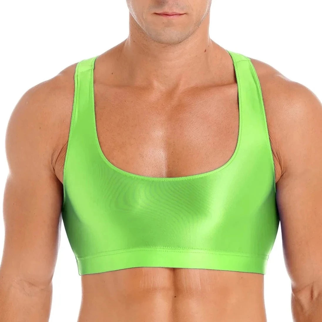 a sexy gay man in Fluorescent Green Men's Glossy Sports Crop Top | Gay Crop Tops & Sports Wear - pridevoyageshop.com - gay crop tops, gay casual clothes and gay clothes store