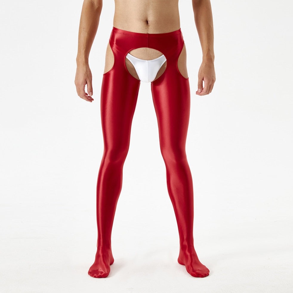sexy gay man in wine red Men's Shiny Metallic Crotchless Pantyhose | Gay Lingerie - pridevoyageshop.com - gay men’s bodystocking, lingerie, fishnet and fetish wear