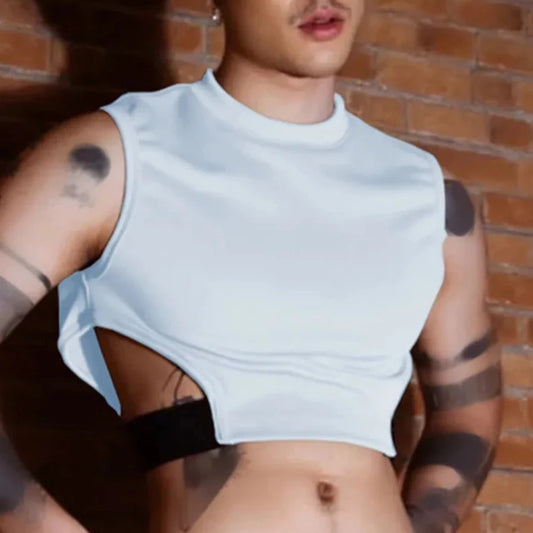 hot gay man in white Men's Designer Hollow Out Crop Tops | Gay Crop Tops & Clubwear - pridevoyageshop.com - gay crop tops, gay casual clothes and gay clothes store
