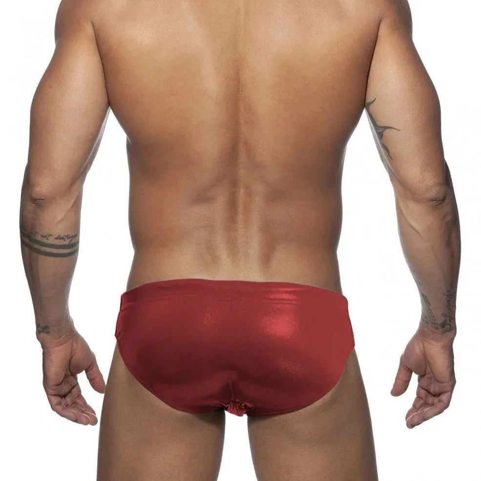 a hot gay man in red Glide Metallic Swim Briefs - pridevoyageshop.com - gay men’s underwear and swimwear