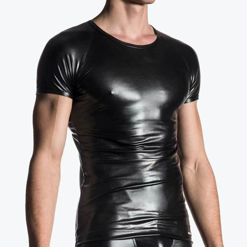 Gay Mens Fashion: Mens Black Leather T-Shirt: Perfect for Gay Outfits- pridevoyageshop.com - gay men’s harness, lingerie and fetish wear