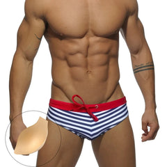 a hot gay man in blue Sailor‘s Striped Bowtie Swim Briefs - pridevoyageshop.com - gay men’s underwear and swimwear
