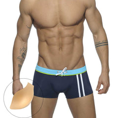 hot gay man in blue Gay Swimwear | Men's Square Cut Racing Stripe Swim Trunks - pridevoyageshop.com - gay men’s underwear and swimwear