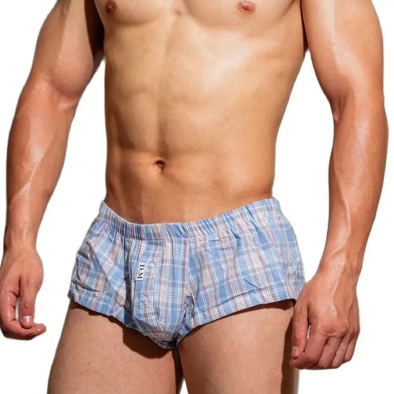 a sexy gay man in blue DM Low Rise Breathable Plaid Home Boxer Briefs - pridevoyageshop.com - gay men’s underwear and activewear