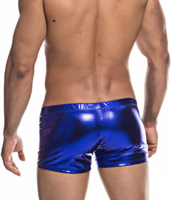 a hot gay man in blue Shiny Metallic Faux Leather Swim Trunks - pridevoyageshop.com - gay men’s underwear and swimwear