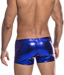 a hot gay man in blue Shiny Metallic Faux Leather Swim Trunks - pridevoyageshop.com - gay men’s underwear and swimwear