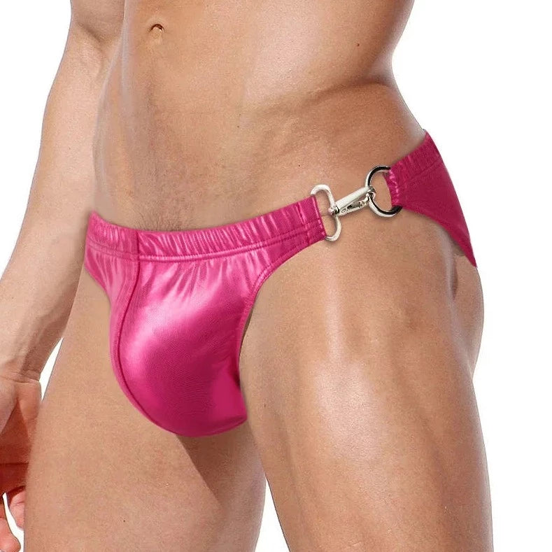 a hot gay man in rose red Men's Faux Leather Metal Clipper Swim Briefs - pridevoyageshop.com - gay men’s underwear and swimwear