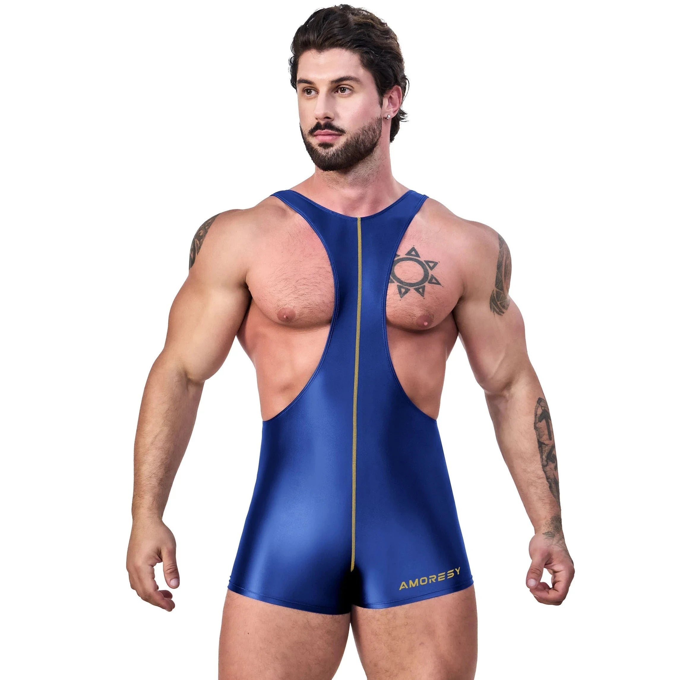 a sexy gay man in Navy blue Glossy Bodybuilder Singlets - Men's Singlets, Bodysuits, Rompers & Jumpsuits - pridevoyageshop.com