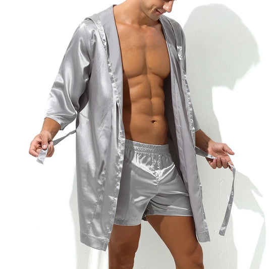 a hot guy in gray Men's Silk Hooded Robe + Boxers - pridevoyageshop.com - gay men’s underwear and swimwear