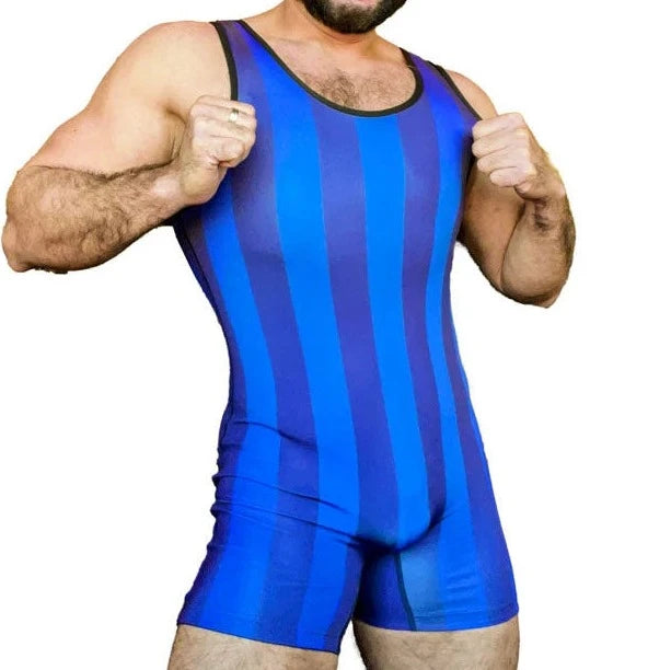 a sexy gay man in blue The 80's Retro Striped Wrestling Singlets - Men's Singlets, Bodysuits, Rompers & Jumpsuits - pridevoyageshop.com