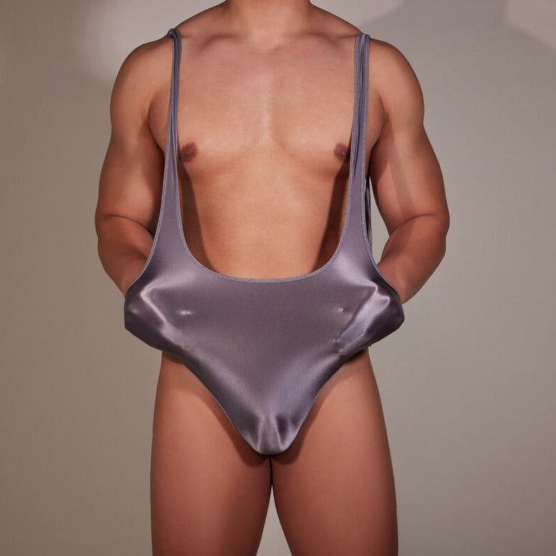 sexy gay man in dark gray Gay Bodysuit and Singlet | Men's Glossy High Elastic Bodysuit - Men's Singlets, Bodysuits, Leotard & Unitard - pridevoyageshop.com