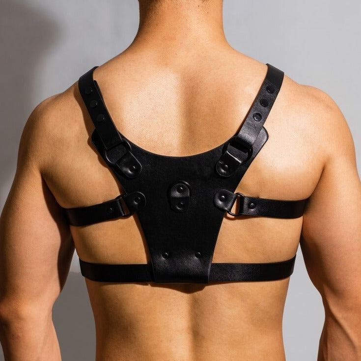 sexy gay man in Black Faux Leather Fetish Harness | Gay Harness- pridevoyageshop.com - gay men’s harness, lingerie and fetish wear