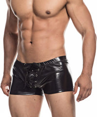 a hot gay man in black Shiny Metallic Faux Leather Swim Trunks - pridevoyageshop.com - gay men’s underwear and swimwear