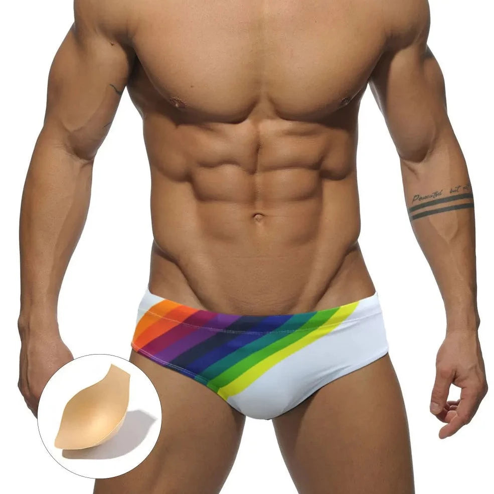 a hot gay man in white Men's Rainbow Surge Swim Briefs - pridevoyageshop.com - gay men’s underwear and swimwear