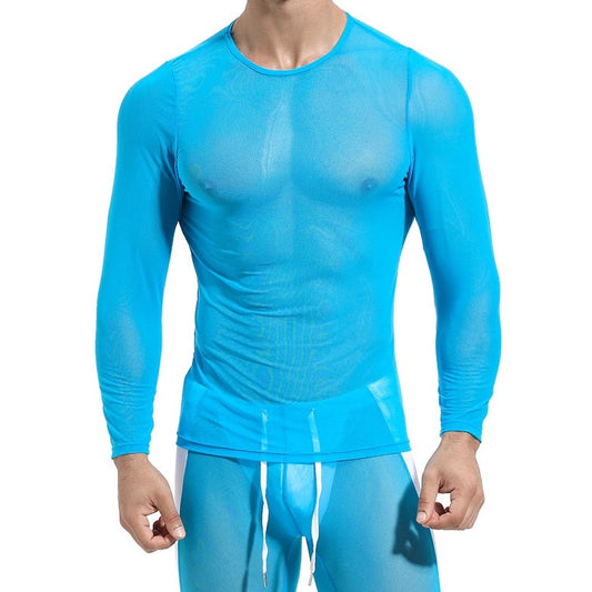 sexy gay man in sky blue Gay Tops | Men's Ultra-thin Transparent Long Sleeve Top - pridevoyageshop.com - gay men’s gym tank tops, mesh tank tops and activewear