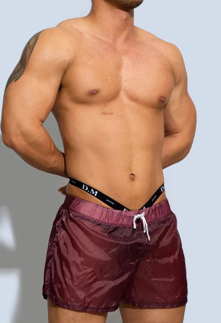 a hot gay man in Burgundy Men's See-Thru Strap Shorts - Men's Activewear, gym short, sport shorts, running shorts- pridevoyageshop.com