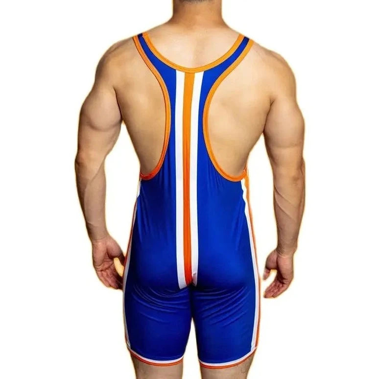 a hot gay man in blue DM Striped Wrestling Singlet - Men's Singlets, Bodysuits, Rompers & Jumpsuits - pridevoyageshop.com