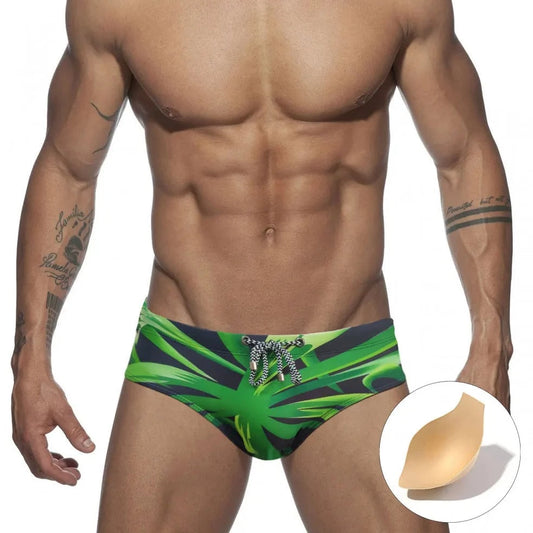a hot gay man in Men's Green Leaf Swim Briefs - pridevoyageshop.com - gay men’s underwear and swimwear