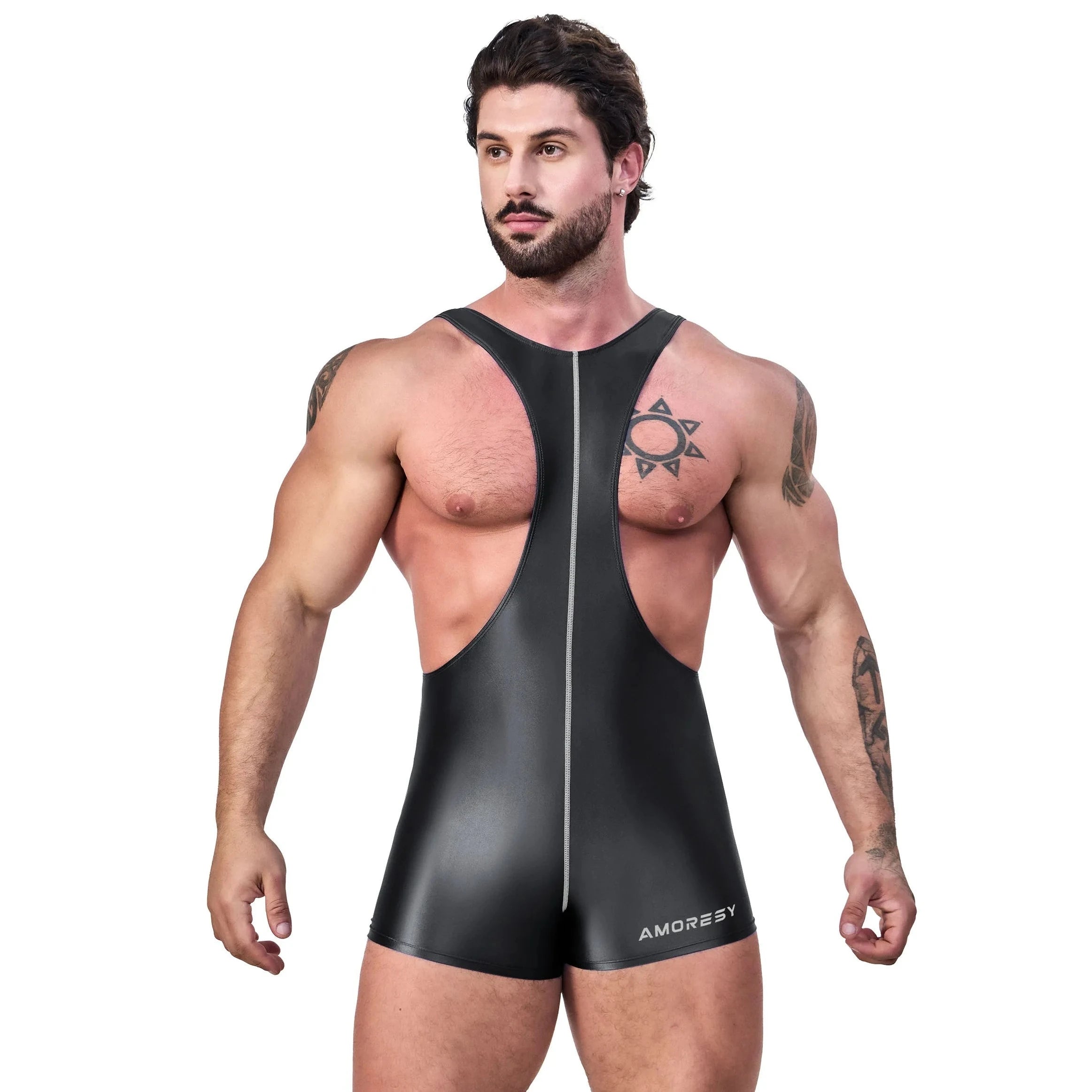 a sexy gay man in Ark grey Glossy Bodybuilder Singlets - Men's Singlets, Bodysuits, Rompers & Jumpsuits - pridevoyageshop.com