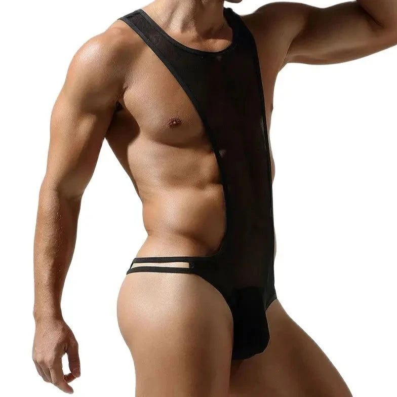 a hot gay man in black Exhibiting Mesh Thong Bodysuit - Men's Singlets, Bodysuits, Leotard & Unitard - pridevoyageshop.com