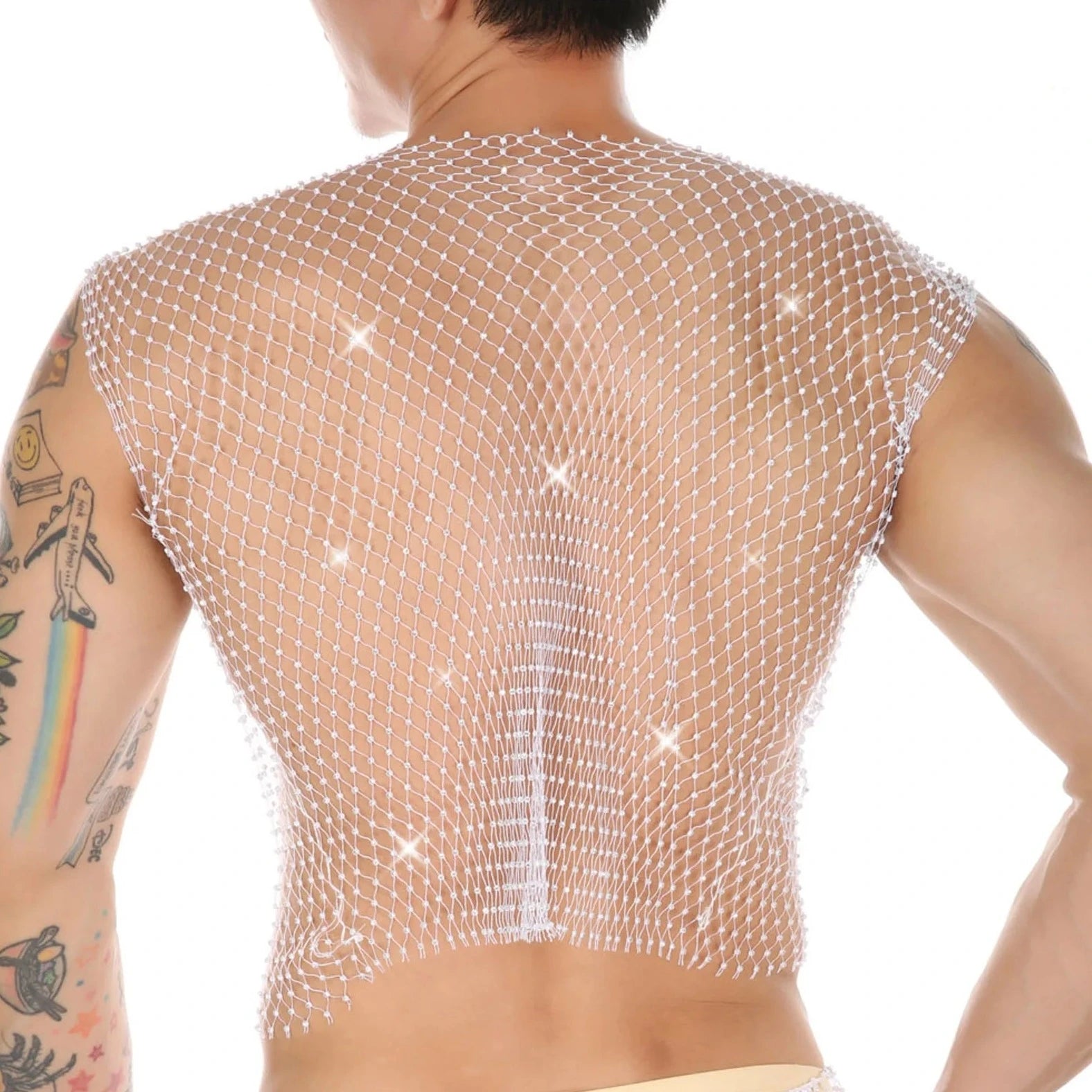 a hot gay man in white Mens Rhinestone Shiny Mesh Tank Top - pridevoyageshop.com - gay costumes, men role play outfits, gay party costumes and gay rave outfits