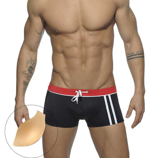 hot gay man in black Gay Swimwear | Men's Square Cut Racing Stripe Swim Trunks - pridevoyageshop.com - gay men’s underwear and swimwear