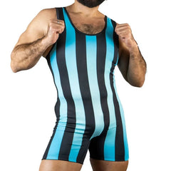 a sexy gay man light blue 80's Retro Striped Wrestling Singlets - Men's Singlets, Bodysuits, Rompers & Jumpsuits - pridevoyageshop.com