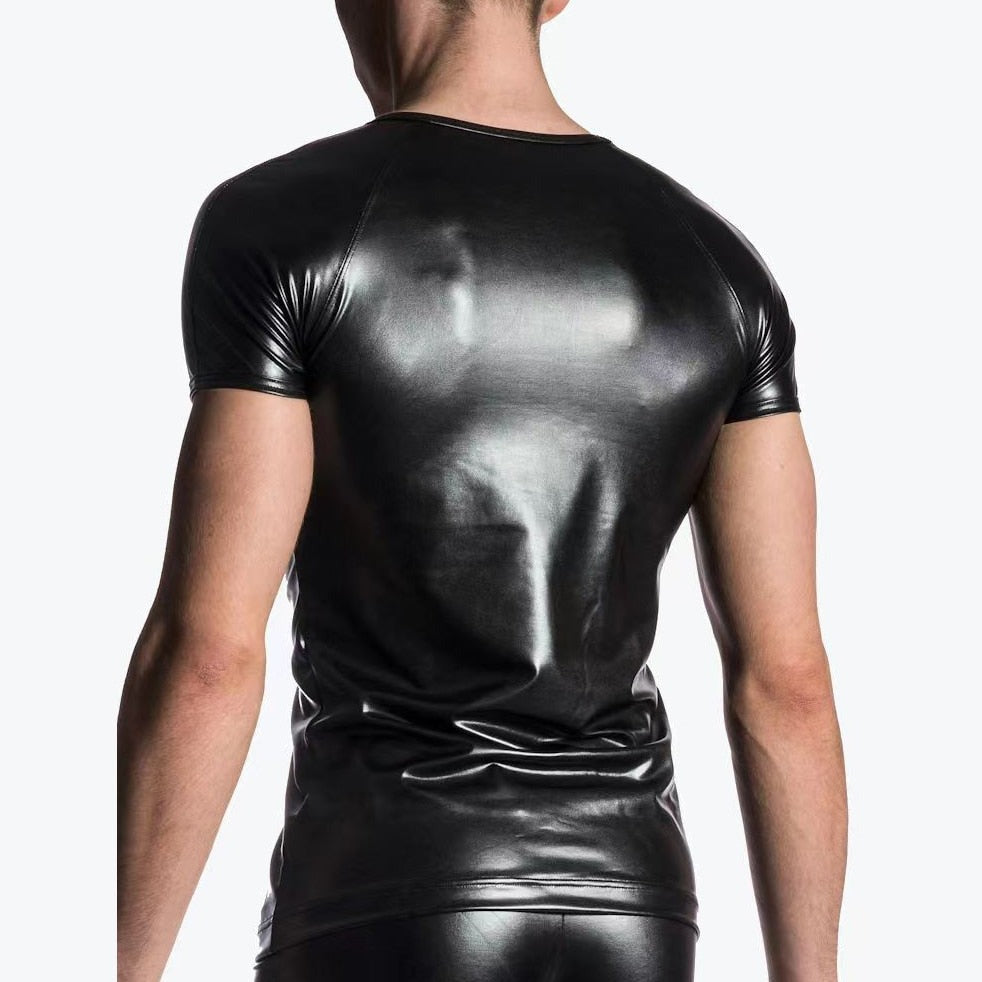 Gay Mens Fashion: Mens Black Leather T-Shirt: Perfect for Gay Outfits- pridevoyageshop.com - gay men’s harness, lingerie and fetish wear