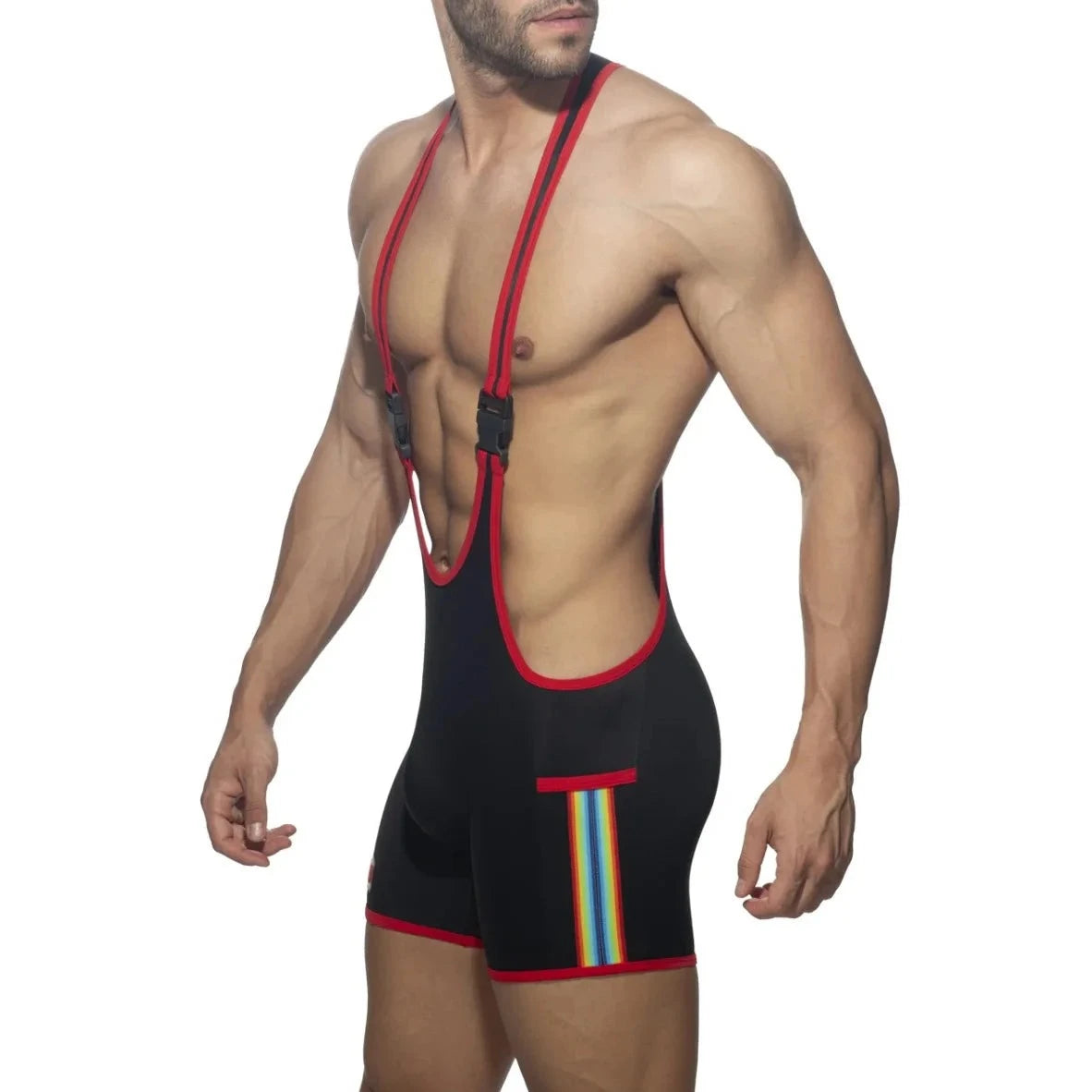 a sexy man in black Rainbow Tape Buckle Workout Singlet - Men's Singlets, Bodysuits, Leotard & Unitard - pridevoyageshop.com