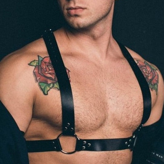 sexy gay man in Adjustable H Faux Leather Harness | Gay Harness- pridevoyageshop.com - gay men’s harness, lingerie and fetish wear