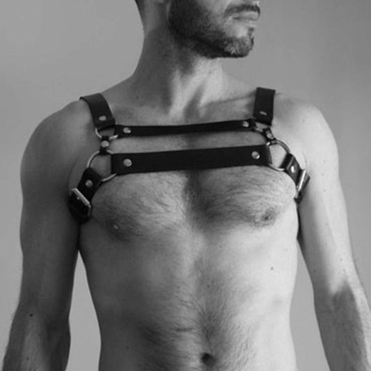 sexy gay man in Dual Strap Faux Leather Harness | Gay Harness- pridevoyageshop.com - gay men’s harness, lingerie and fetish wear