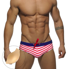 a hot gay man in red Sailor‘s Striped Bowtie Swim Briefs - pridevoyageshop.com - gay men’s underwear and swimwear