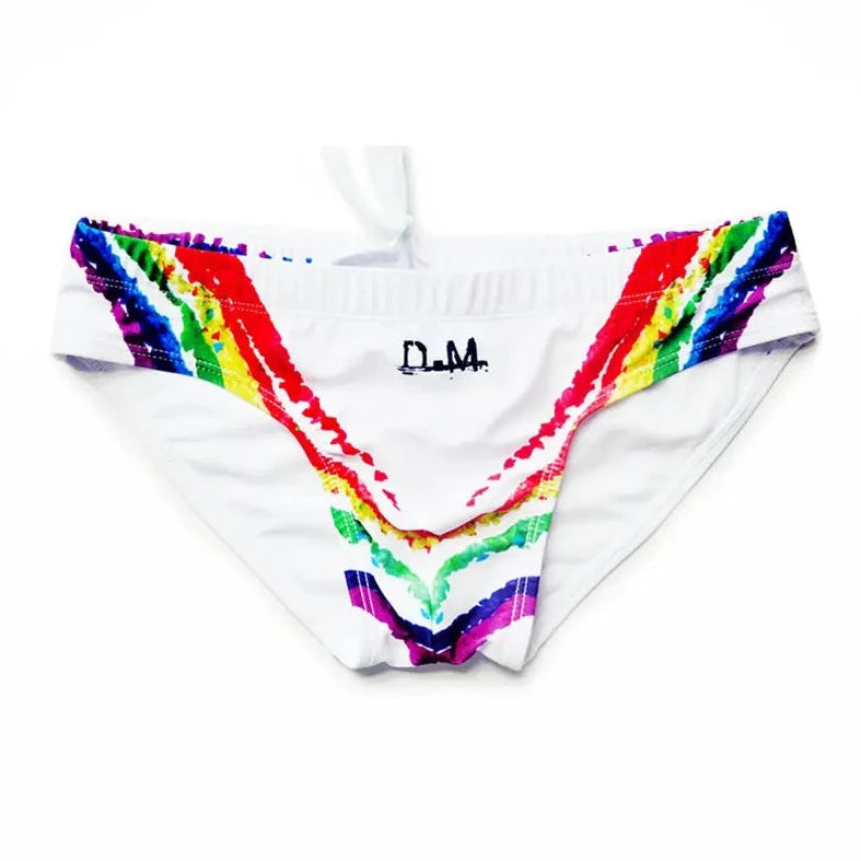 white DM Rainbow Splash Swim Briefs - pridevoyageshop.com - gay men’s underwear and swimwear