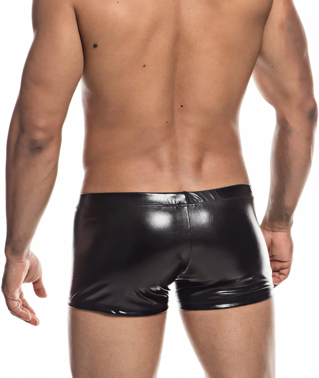 a hot gay man in black Shiny Metallic Faux Leather Swim Trunks - pridevoyageshop.com - gay men’s underwear and swimwear