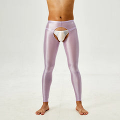 Tap Here Wet-Look Crotchless Leggings for Gay Men