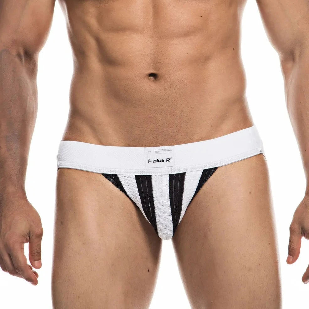 a sexy gay man in white Athletic Stripe Jockstraps - pridevoyageshop.com - gay men’s underwear and swimwear