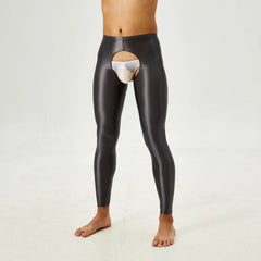 Tap Here Wet-Look Crotchless Leggings for Gay Men