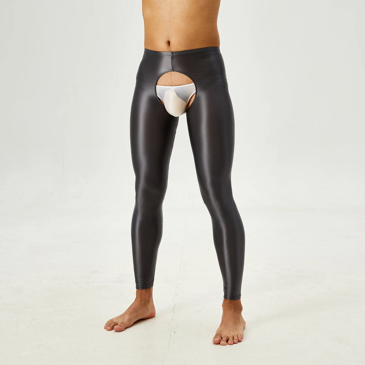 Tap Here Wet-Look Crotchless Leggings for Gay Men