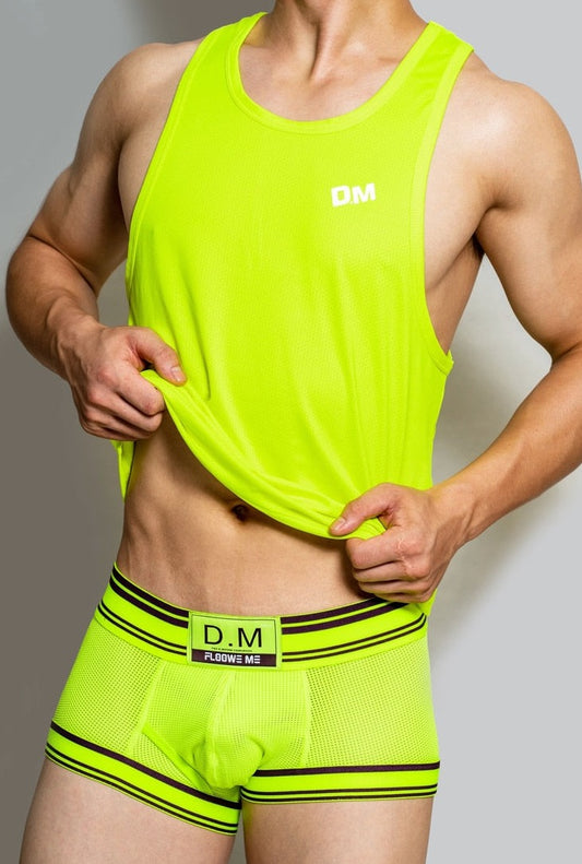 sexy gay man in Neon Green Gay Tops | DM Men's Mesh Muscle Tank Top - pridevoyageshop.com - gay men’s gym tank tops, mesh tank tops and activewear