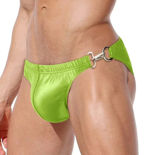 a hot gay man in Neon Yellow Men's Faux Leather Metal Clipper Swim Briefs - pridevoyageshop.com - gay men’s underwear and swimwear