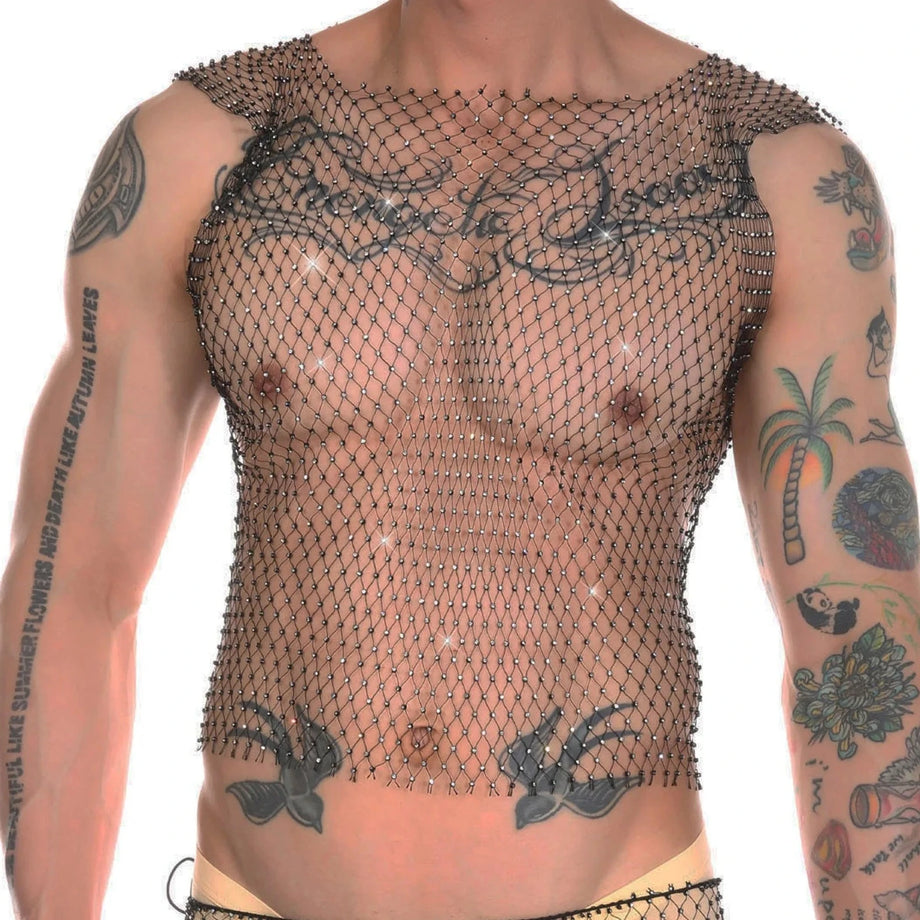 Mens Rhinestone Shiny Mesh Tank Top
