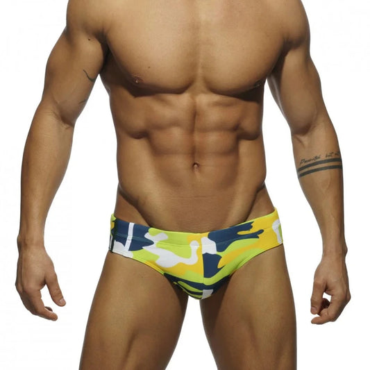 a sexy gay man in yellow Men's Camo Swim Briefs - pridevoyageshop.com - gay men’s underwear and swimwear
