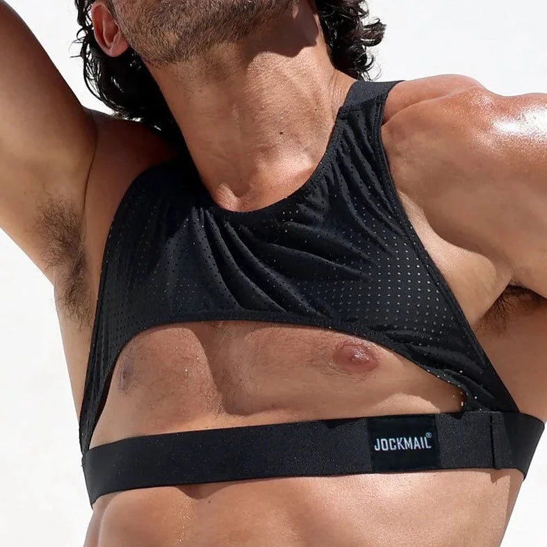 a hot gay man in black JOCKMAIL Mesh Harness Crop Tops | Gay Crop Tops & Clubwear - pridevoyageshop.com - gay crop tops, gay casual clothes and gay clothes store