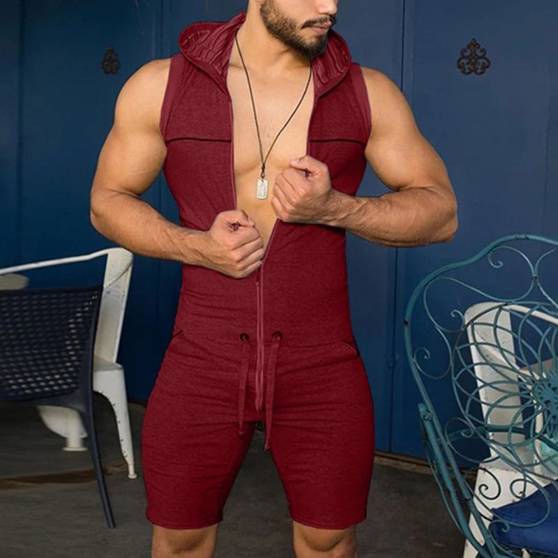 a hot daddy in red Men's Zip Up Hooded Muscle Onesie - pridevoyageshop.com - gay men’s underwear and swimwear